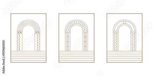 Minimalist geometric architectural portal, simple ornamental entrance decorative arch. Vector arch collection.