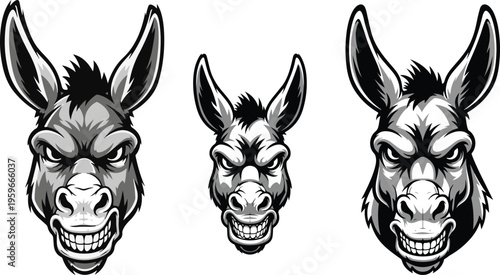 Collection of three fierce and angry donkey heads rendered in detailed black and white cartoon mascot style on transparent background