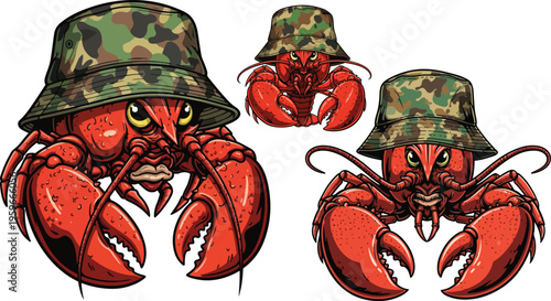 Collection of fierce cartoon lobsters wearing cool military camouflage bucket hats representing edgy seafood mascots on transparent background