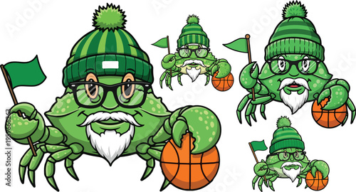 A friendly green cartoon crab mascot character with a striped beanie, glasses, white beard, holding a basketball and a green flag proudly on transparent background. on transparent background