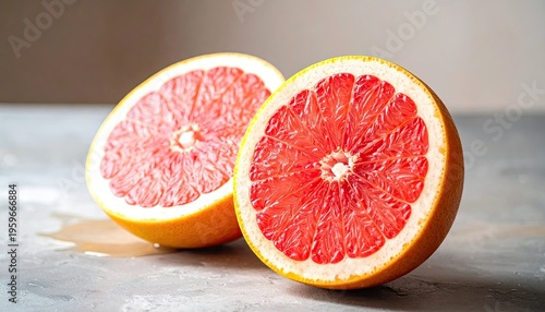 Sliced ruby red grapefruit halves presenting juicy texture and vibrant color on a gray tabletop surface showcasing fresh citrus fruit