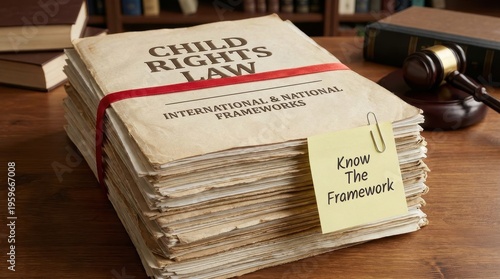 Stack of Child Rights Law Books with Note