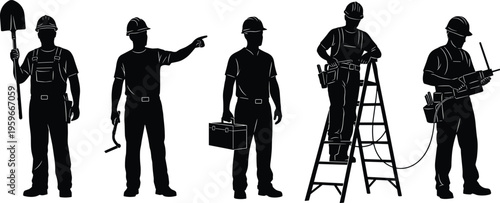 Black Silhouettes of Construction Workers and Contractors Holding Tools Like Shovels Toolboxes and Drills Standing on Ladders Isolated on a Clean White Background
