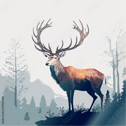 Majestic stag with impressive antlers stands proudly amidst a serene, misty forest landscape with distant mountains, embodying the wild beauty of nature