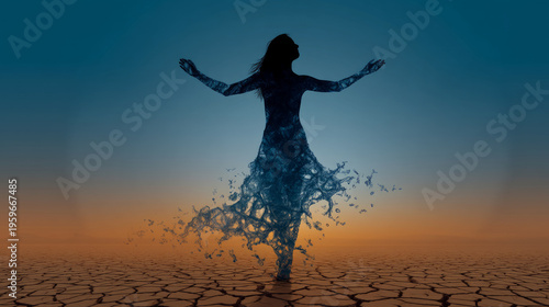 A girl completely made of water against a drought background, the concept of drought and lack of water on earth, 3D illustration. Water crisis and water shortage in summer during long drought
