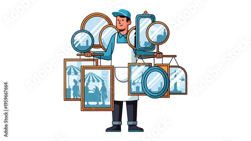 Mirror Salesman with Display: A smiling salesman, adorned in a cap and apron, showcases various mirrors, each reflecting different views, illustrating his profession and products.