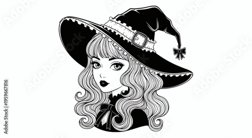 Stylized monochrome portrait of a captivating young woman in a whimsical witch hat, exuding mysterious charm and fantasy allure