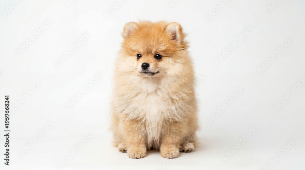 Obraz premium Adorable fluffy orange Pomeranian puppy sitting upright against a clean white studio background. High-quality animal portrait highlighting soft fur and cute expression for pet themes.