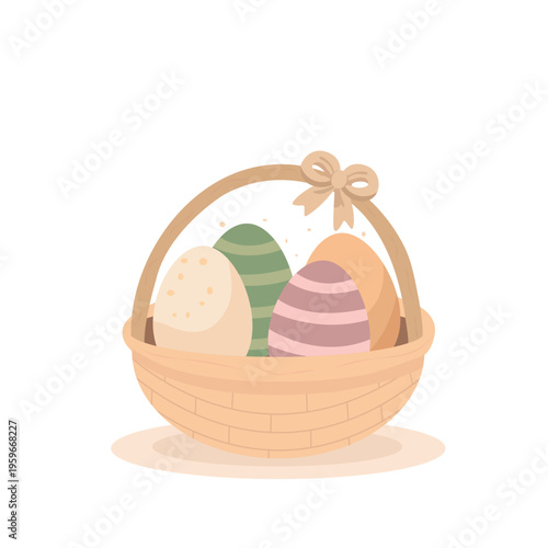 Easter basket with decorated eggs in pastel minimal flat style