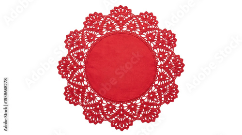 Round red crocheted lace doily with blank fabric center on a transparent background