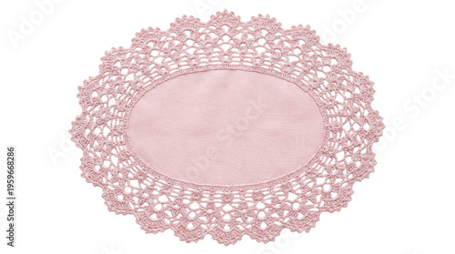 Photos Delicate pink oval lace doily with fabric center insert on a transparent backgro