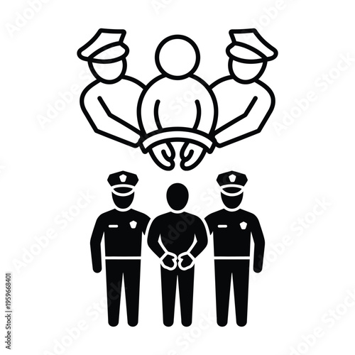 Police arrest suspect handcuffs law enforcement custody vector icon set