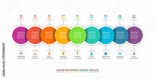 Infographic timeline design template with 9 options, steps, circles. Can be used for data visualization, graph, chart, report, web design. Vector illustration