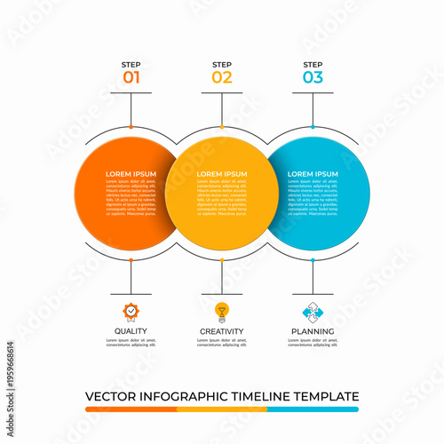 Infographic timeline design template with 3 options, steps, circles. Can be used for data visualization, graph, chart, report, web design. Vector illustration