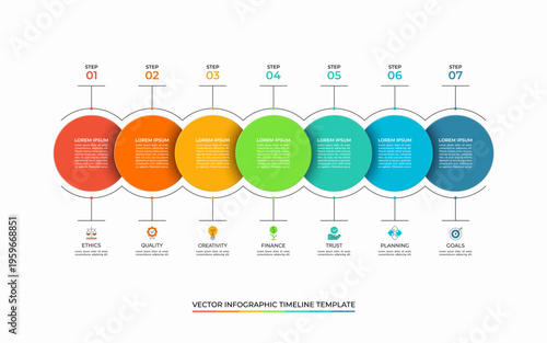Infographic timeline design template with 7 options, steps, circles. Can be used for data visualization, graph, chart, report, web design. Vector illustration