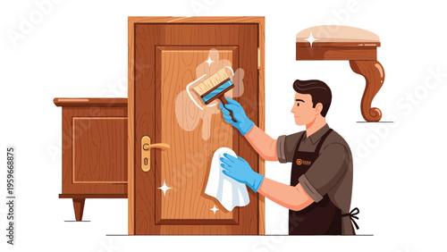 Cleaning Craftsman's Touch: A dedicated craftsman meticulously cleans a wooden door, accompanied by complementary furniture elements, illustrating care and attention to detail.