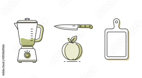 A blender, knife, cutting board, and apple are arranged on a kitchen counter for food preparation.
