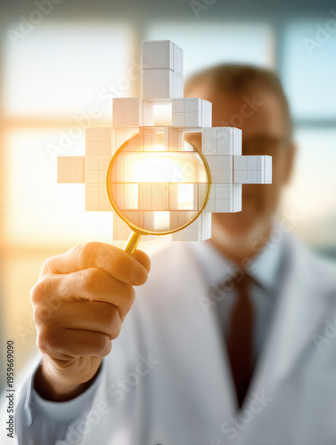 professional financial analyst in a white shirt and tie examines a balanced structure of blocks. One block represents structured financial management and another insurance planning. The analyst 