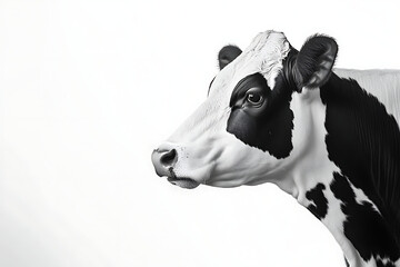 A black and white cow stands against a plain background
