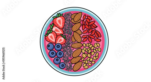 A vibrant illustration of a bowl filled with fruit and nuts on a white background.