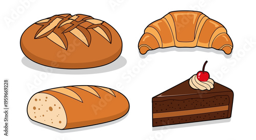 A digital illustration of bread and cake on a white background with shadows