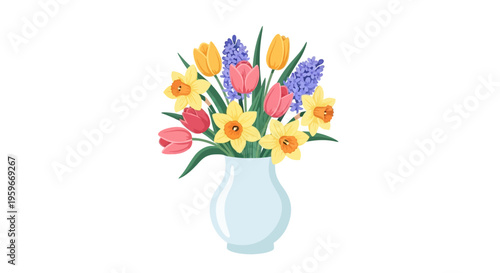 Vibrant spring flowers in a light blue vase on a white background illustration