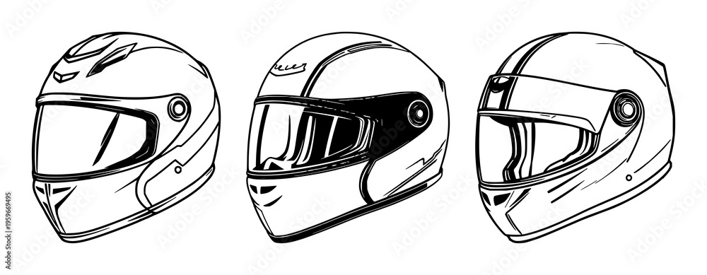 Obraz premium Motorcycle helmet set with racing team helmet vector illustrations featuring racing colors, team logos, sports gear with chrome protectors and aerodynamic design