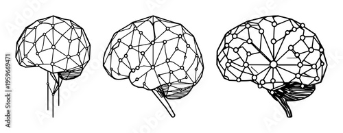 Neuralink brain interface set with geometric vector icon featuring cybernetic technology, precise edges, and white background with futuristic design