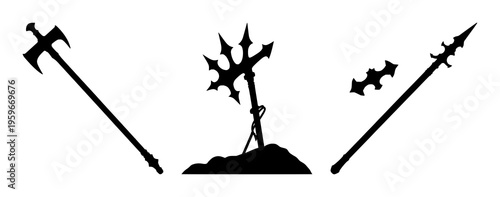 Medieval mace weapon set with a solid black spiked silhouette featuring historical armament, sharp details, blunt force with military equipment and ancient design