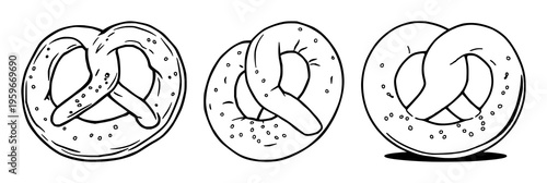 Pretzel set with flat 2D vector illustration featuring soft pretzel, salt crystals, bakery theme with bold black outlines and isolated white