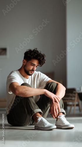 Pensive young man sitting alone on floor in empty minimalist room, head down with knees bent in white t-shirt, expressing emotional exhaustion, depression and inner conflict.