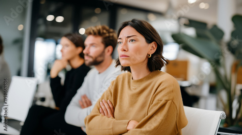 Frustrated woman with crossed arms sits among colleagues during office meeting, showing dissatisfaction, disagreement, and tension while coworkers appear distracted and disengaged.