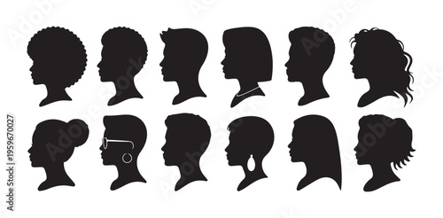 Silhouette profiles of diverse individuals showcasing different hairstyles hair textures and accessories on white