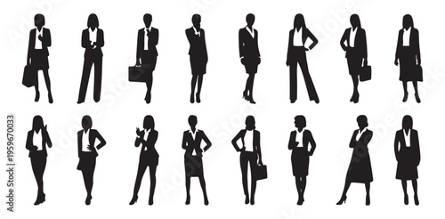 Businesswomen in professional attire striking various poses holding briefcases with confident stances