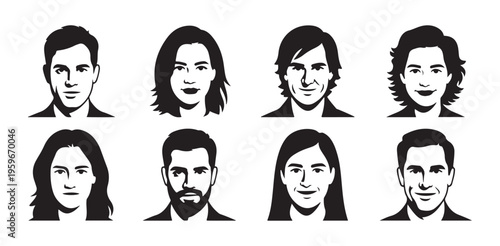 Realistic black and white portraits of diverse men and women with stylish hairstyles