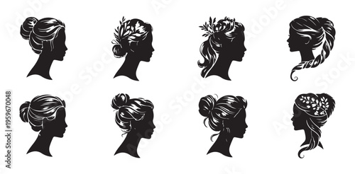 Collection of elegant female hairstyles in profile silhouettes featuring braided updos floral details