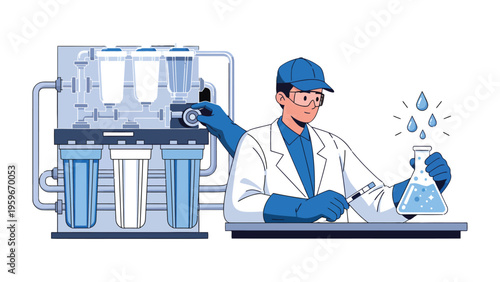 Science and Innovation: A scientist, clad in a lab coat, meticulously examines a flask filled with a blue liquid.