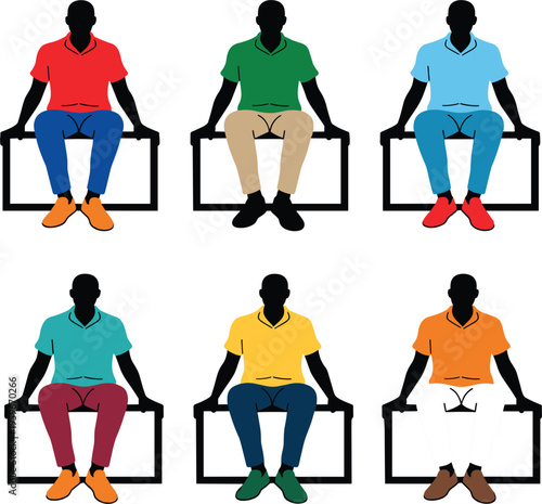 Casual men sitting on blocks set, male fashion silhouettes in colorful polo shirts and trousers
