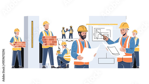 Construction Crew at Work: A group of construction workers diligently at work on a building site, with some builders carry bricks and some read construction plans, emphasizing teamwork. 