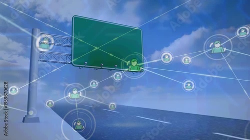 Animation of network of connections with icons over green road sign