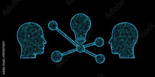 Creative brainstorming session with connected human minds and digital idea lightbulb mesh background