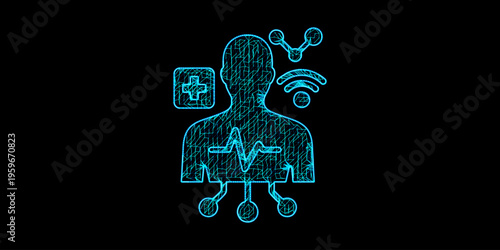 Digital Healthcare and MedTech Monitoring Concept with Human Silhouette Heartbeat EKG and Medical Icons in Blue Neon Mesh Wireframe Style