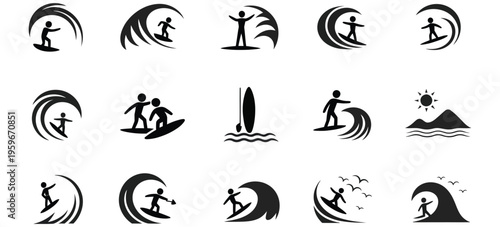 Dynamic Surf Icon Set, Ocean Adventure Vector Collection, Coastal Lifestyle Symbols, Surfing Elements and Wave Icons for Beach Design, Summer Sport Graphics Isolated on White