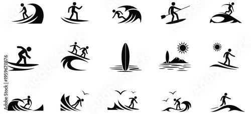 Dynamic Surf Icon Set, Ocean Adventure Vector Collection, Coastal Lifestyle Symbols, Surfing Elements and Wave Icons for Beach Design, Summer Sport Graphics Isolated on White