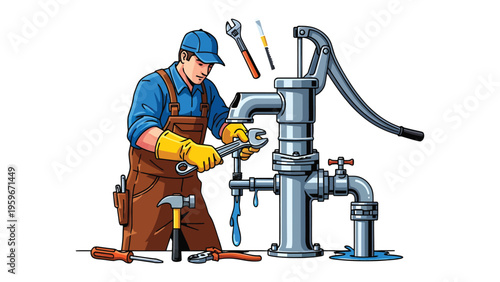 Mechanic repairing pump : A skilled mechanic diligently works on a water pump, using tools to diagnose and fix it, highlighting the importance of maintenance and repair.