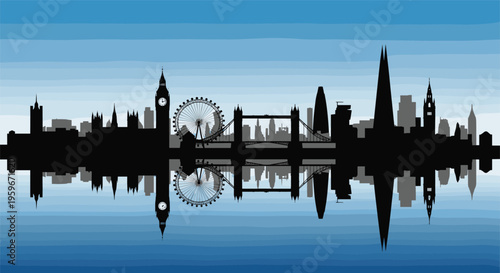 London city skyline silhouette with Big Ben, London Eye, Tower Bridge, The Shard, The Gherkin, iconic architecture, minimalist flat vector illustration