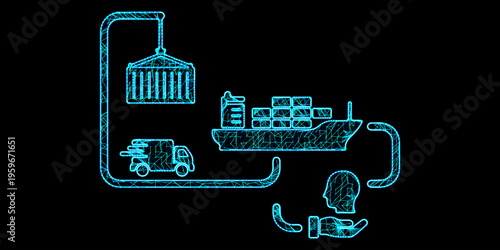 Smart Global Logistics and Supply Chain Automation Concept with Cargo Ship Delivery Truck and Container Crane in Blue Neon Mesh Wireframe Style
