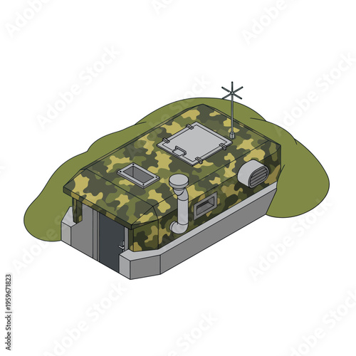 Isometric Military Bunker Illustration with Camouflage and Antenna.