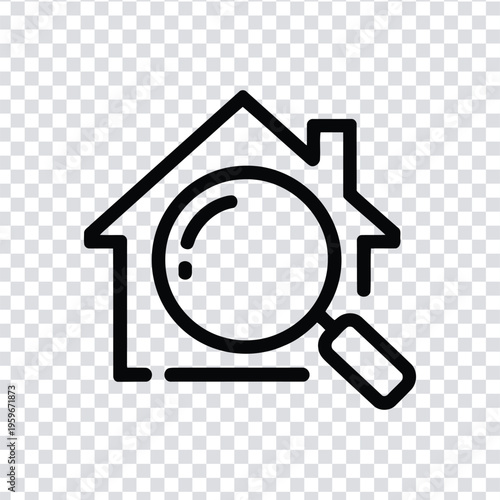 Vector illustration black line icon of a house with a magnifying glass on a transparent background