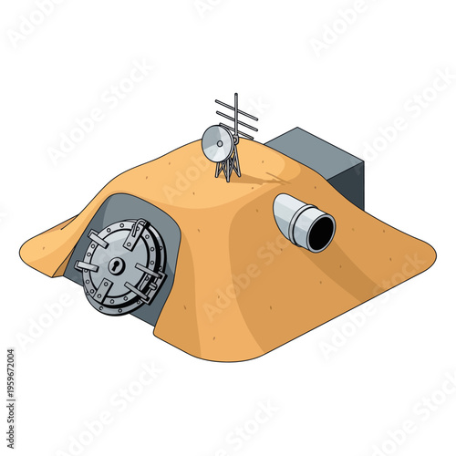 Isometric Illustration of a Bunker with Antenna and Blast Door.
